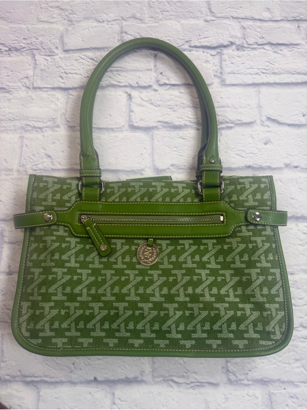 Vintage Izod Monogram Canvas and Leather Trim Green Hobo/Satchel Bag.